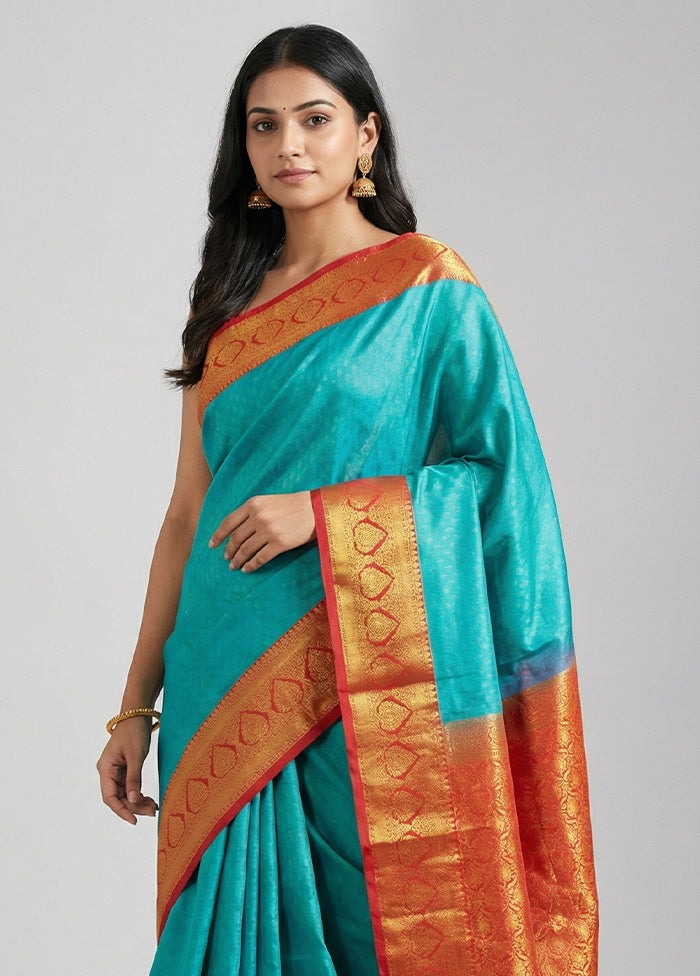 Blue Kanjivaram Silk Saree With Blouse Piece