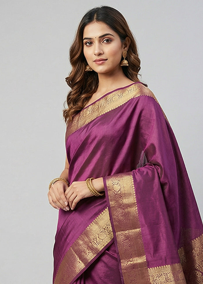 Purple Handloom Kanchipuram Pure Silk Saree With Blouse Piece