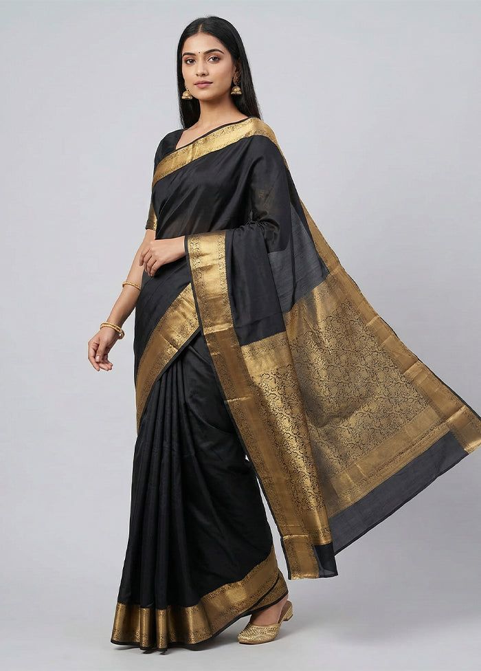 Black Handloom Kanchipuram Pure Silk Saree With Blouse Piece