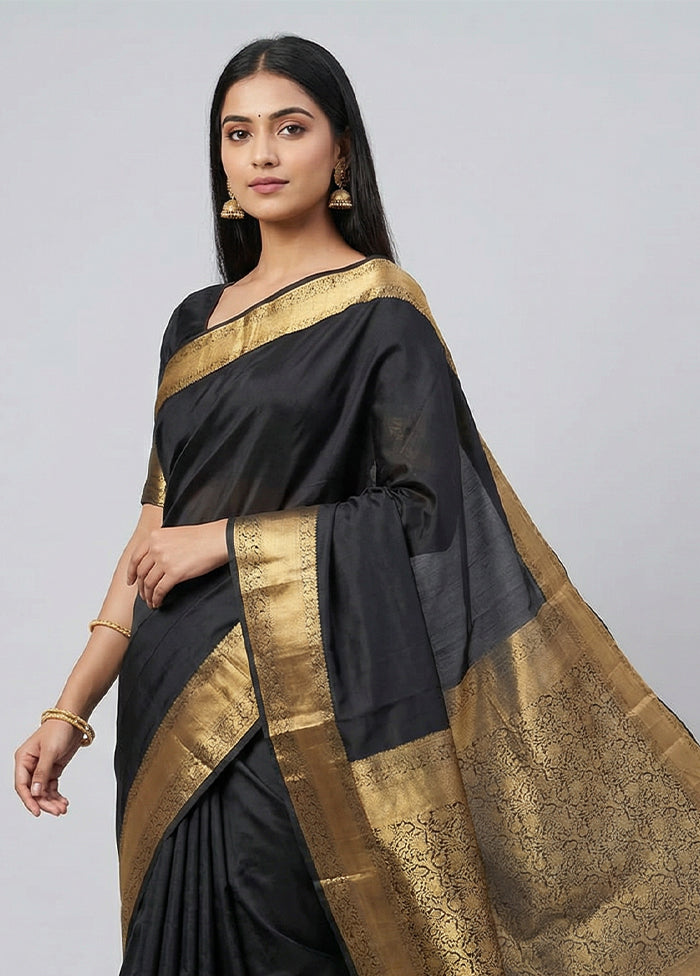 Black Handloom Kanchipuram Pure Silk Saree With Blouse Piece