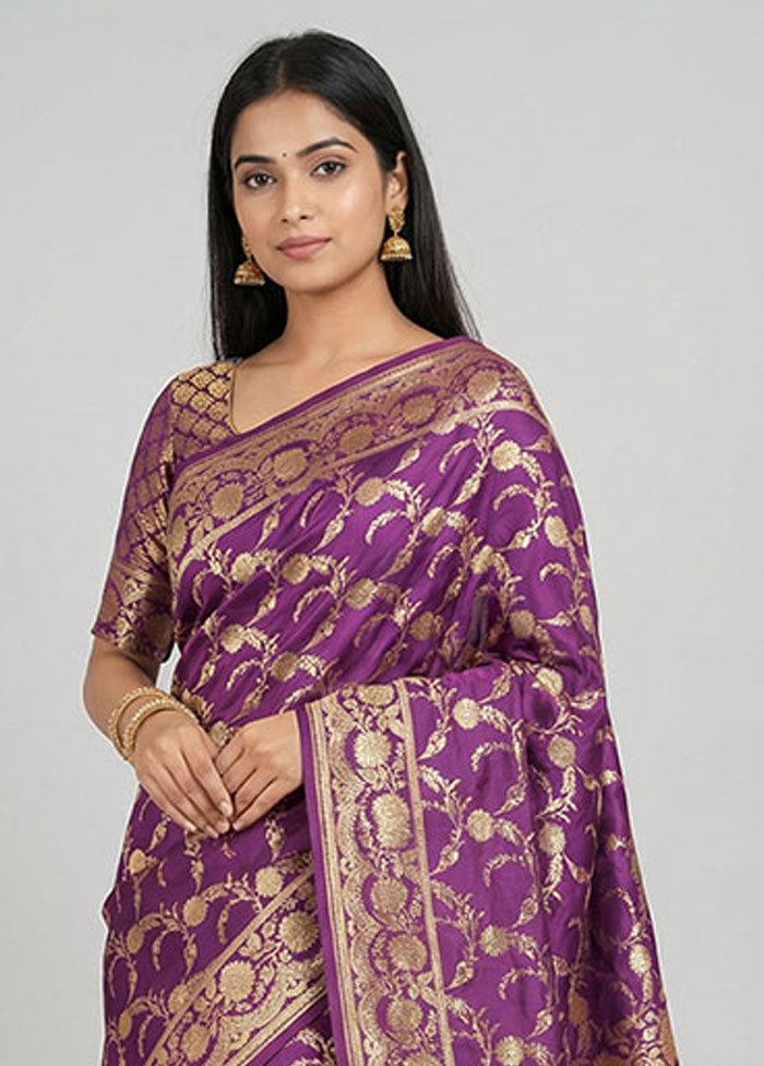 Purple Banarasi Silk Saree With Blouse Piece