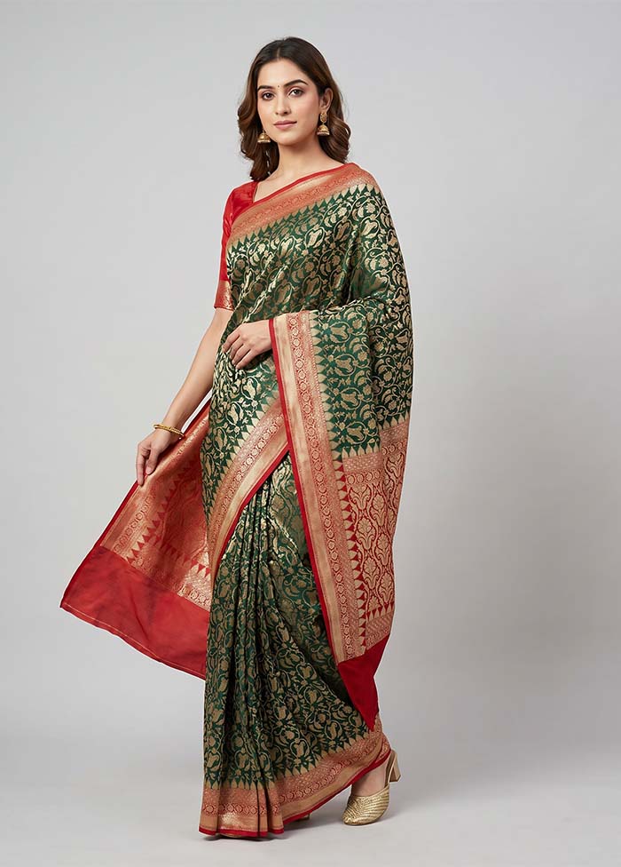 Green Handloom Pure Georgette Saree With Blouse Piece