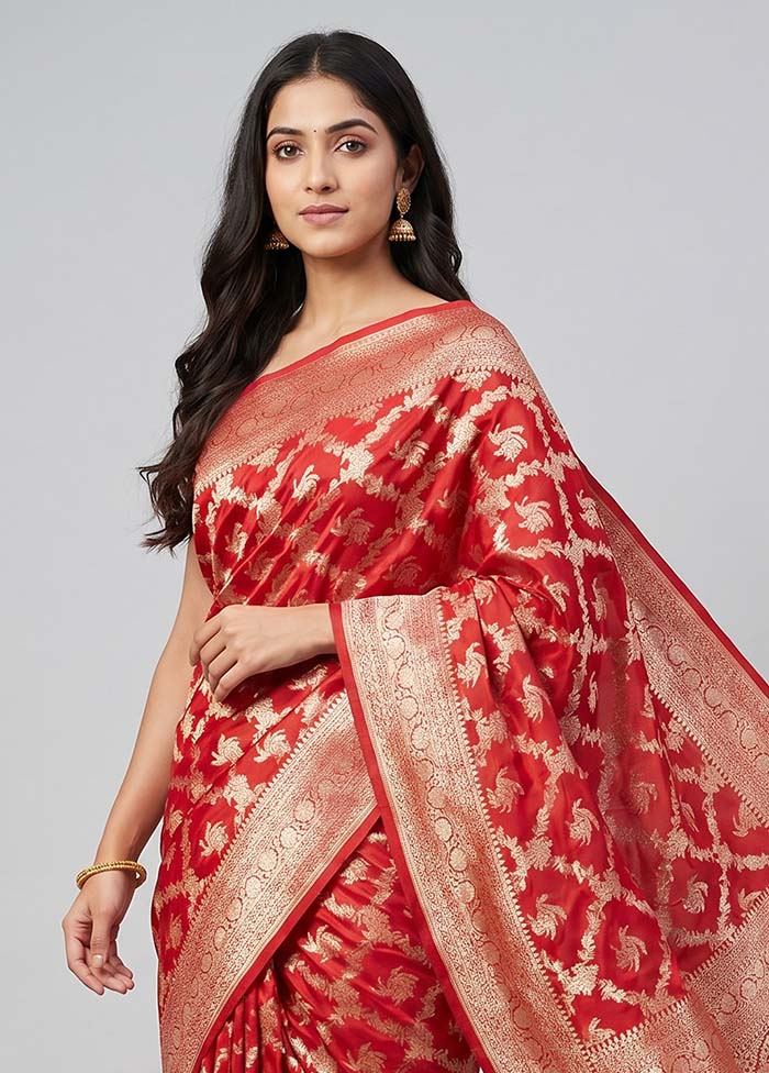 Red Handloom Katan Pure Silk Saree With Blouse Piece