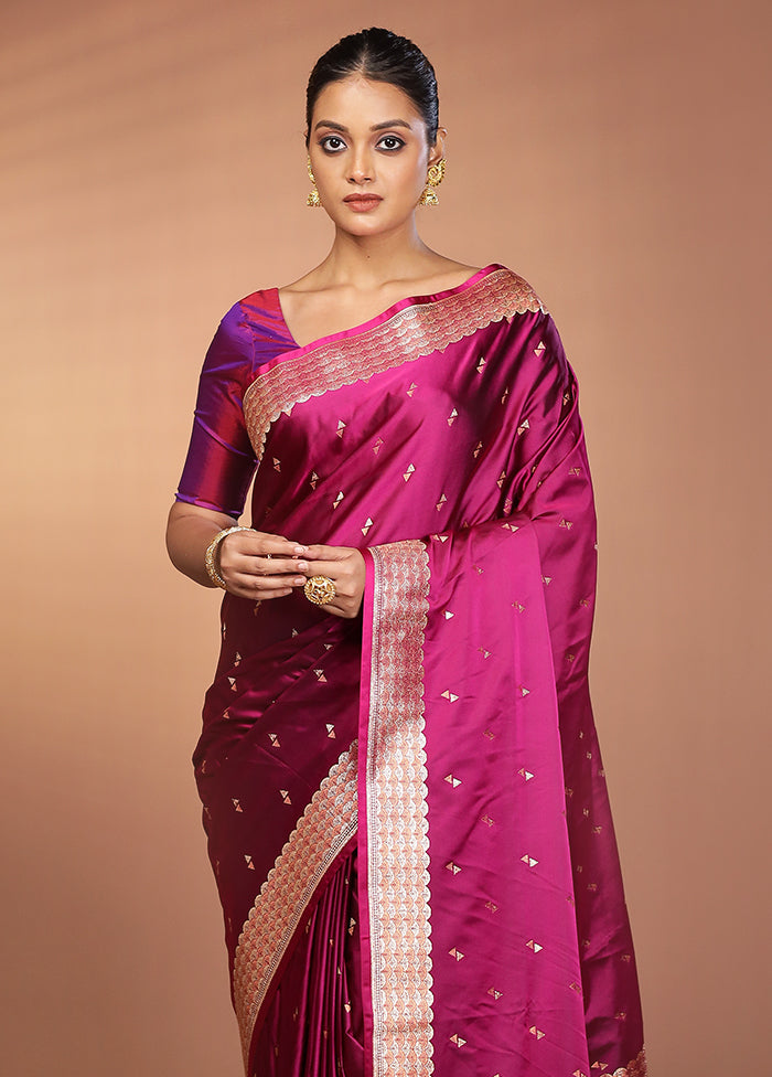 Purple Handloom Banarasi Pure Silk Saree With Blouse Piece