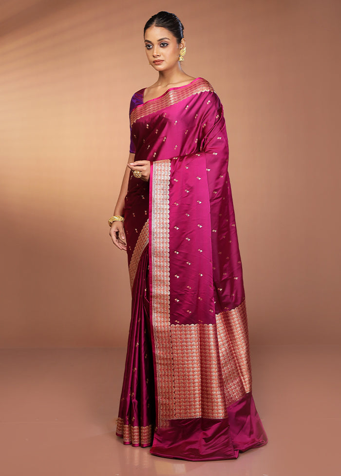 Purple Handloom Banarasi Pure Silk Saree With Blouse Piece