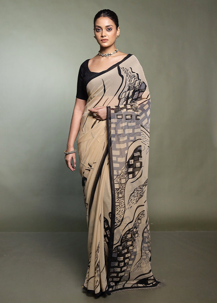 Cream Chiffon Silk Saree With Blouse Piece