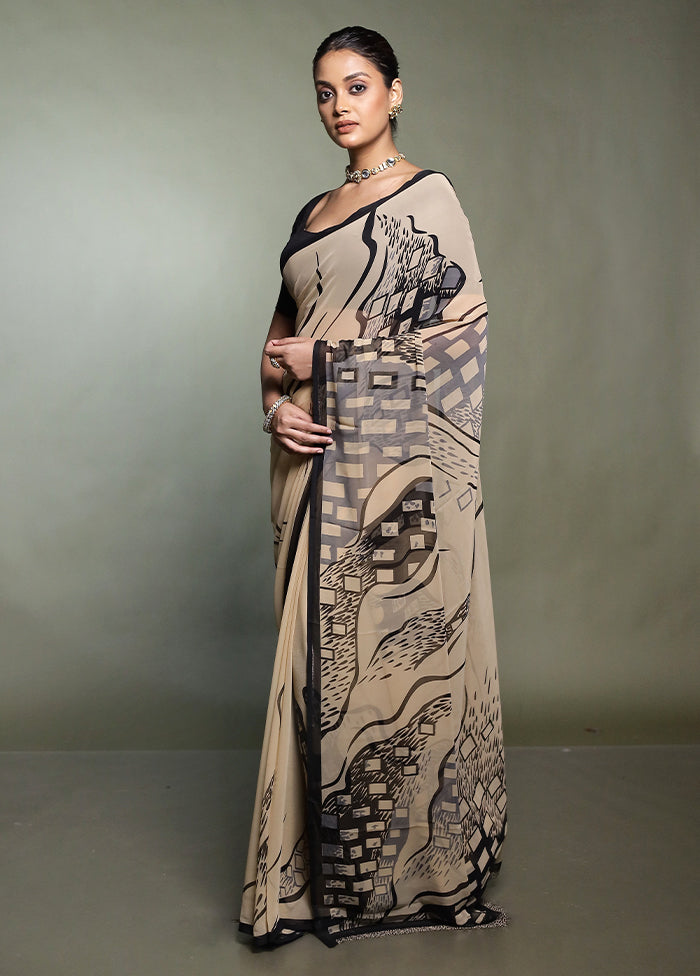 Cream Chiffon Silk Saree With Blouse Piece