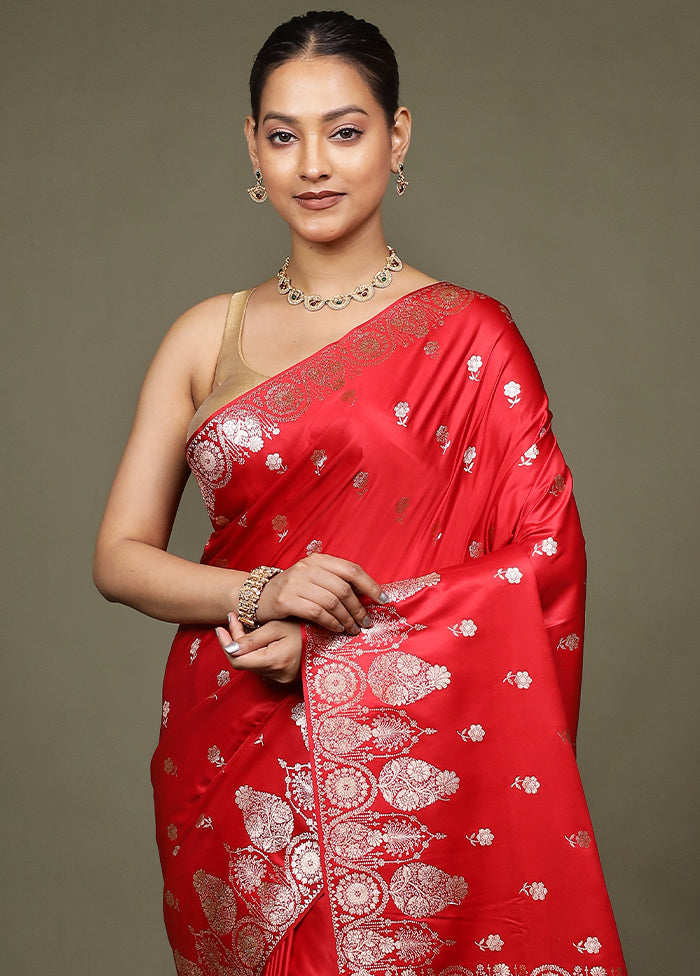 Red Banarasi Silk Saree With Blouse Piece