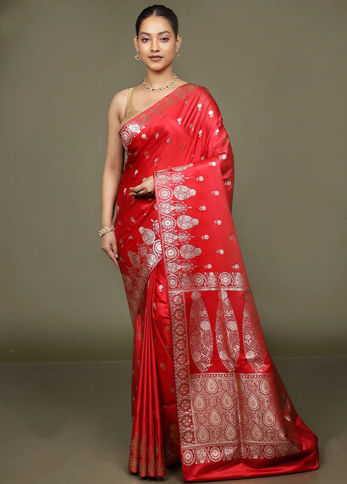 Red Banarasi Silk Saree With Blouse Piece