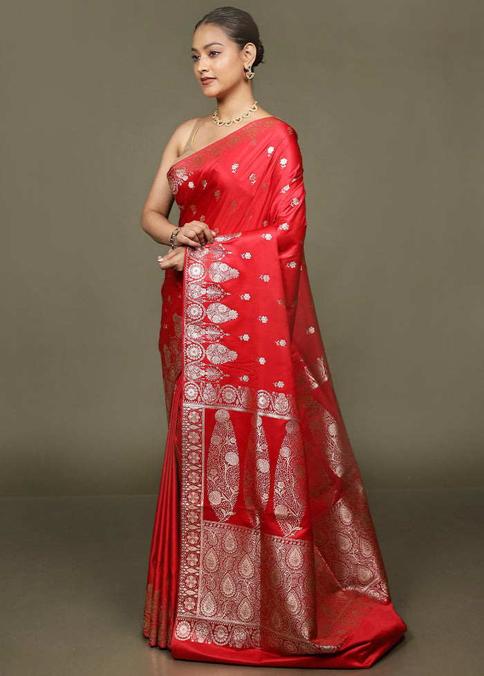 Red Banarasi Silk Saree With Blouse Piece