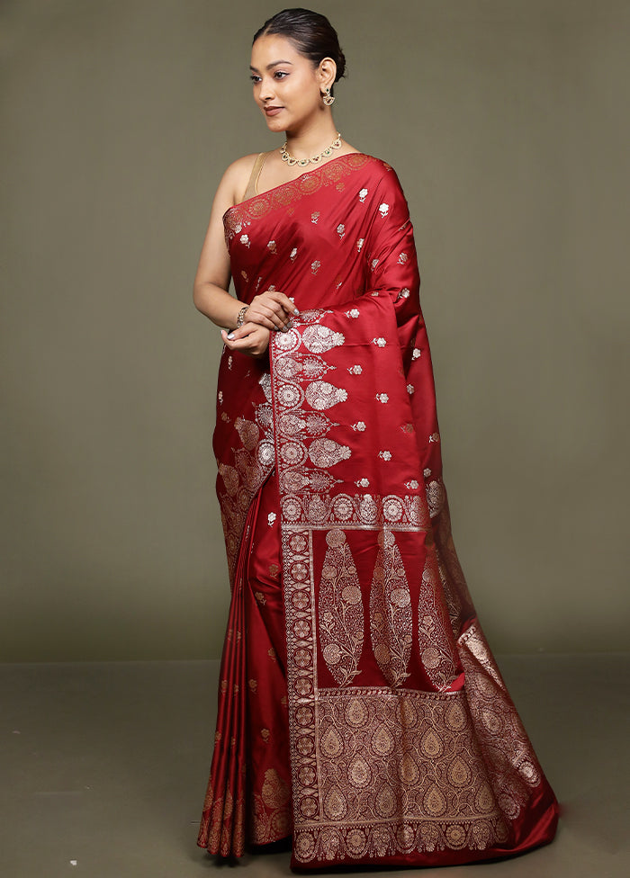 Maroon Banarasi Silk Saree With Blouse Piece