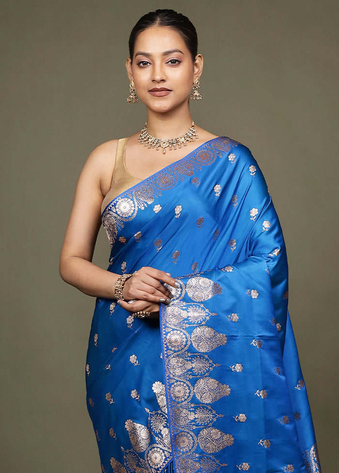 Blue Banarasi Silk Saree With Blouse Piece