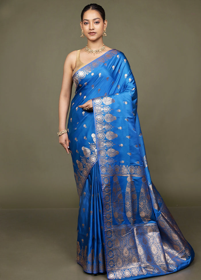 Blue Banarasi Silk Saree With Blouse Piece