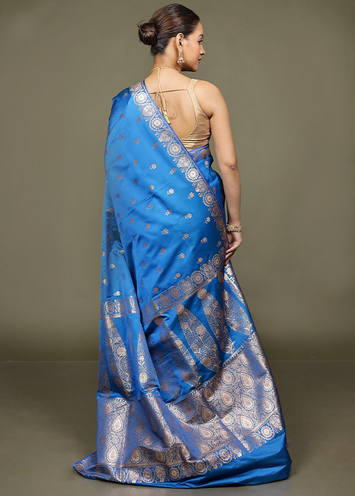 Blue Banarasi Silk Saree With Blouse Piece