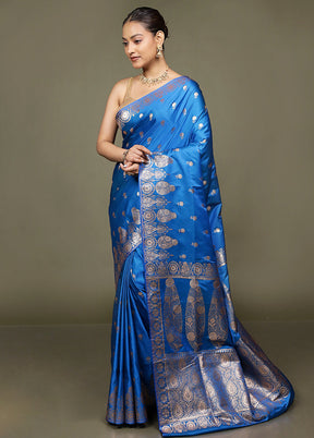 Blue Banarasi Silk Saree With Blouse Piece