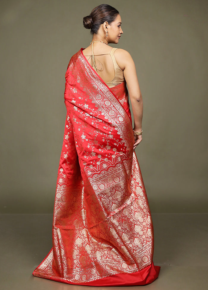 Red Banarasi Silk Saree With Blouse Piece