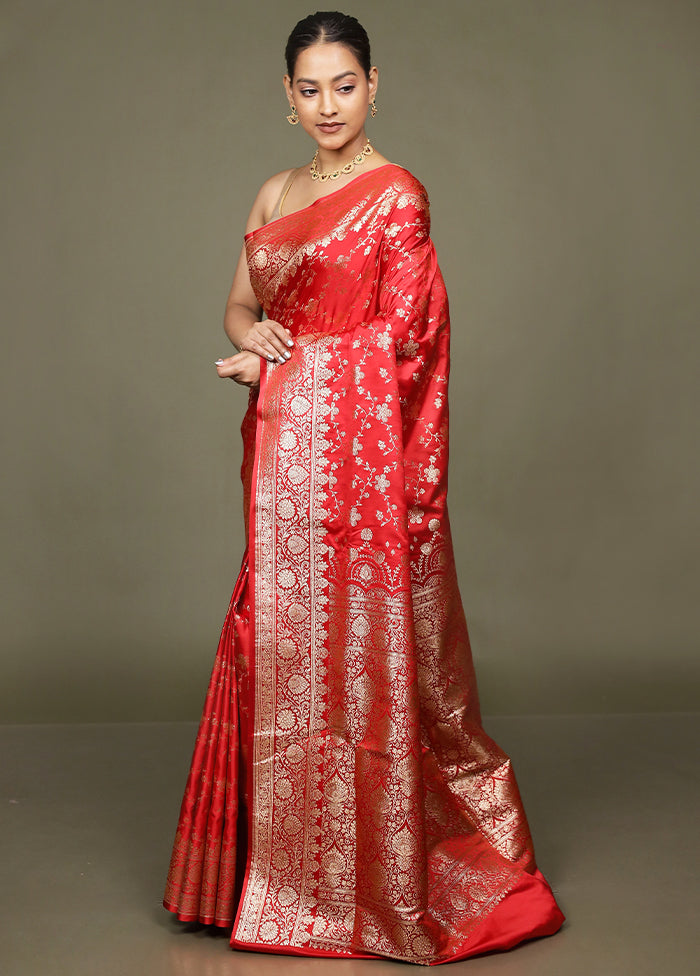 Red Banarasi Silk Saree With Blouse Piece