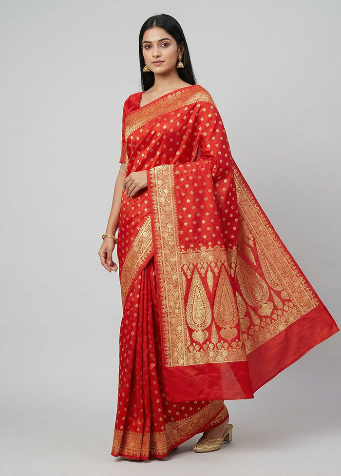 Red Banarasi Silk Saree With Blouse Piece