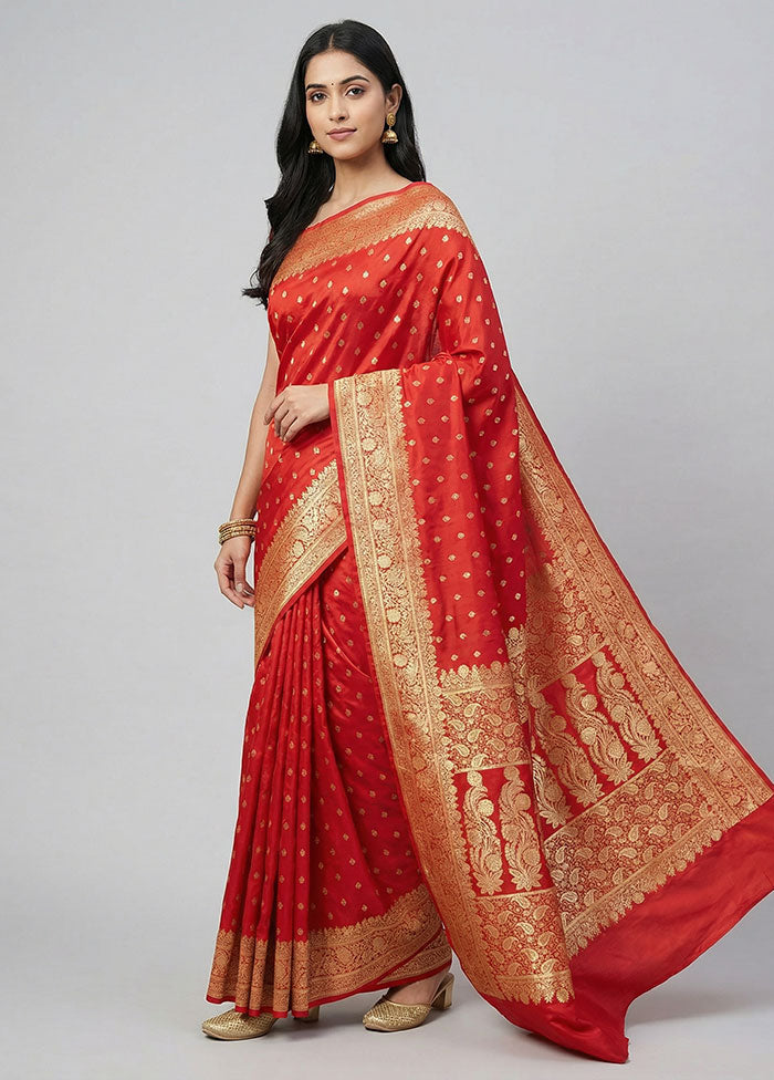 Red Banarasi Silk Saree With Blouse Piece