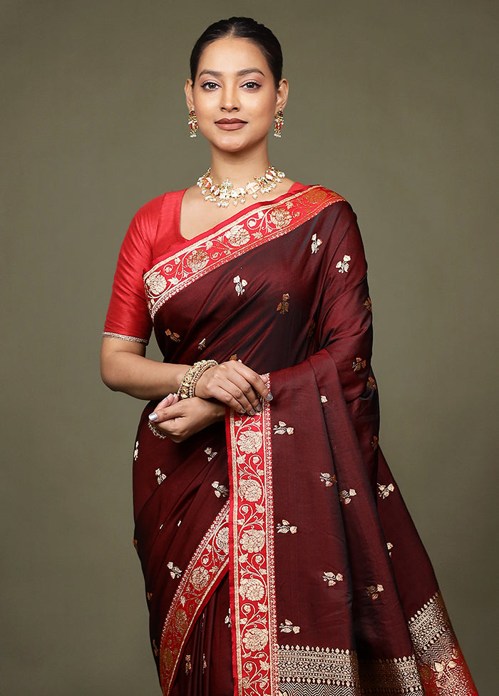 Maroon Banarasi Silk Saree With Blouse Piece