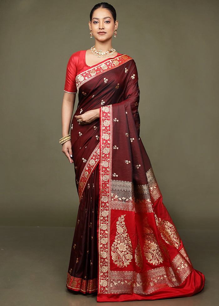 Maroon Banarasi Silk Saree With Blouse Piece
