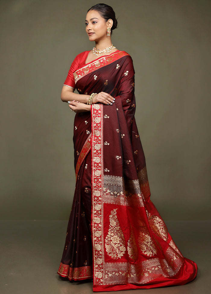Maroon Banarasi Silk Saree With Blouse Piece