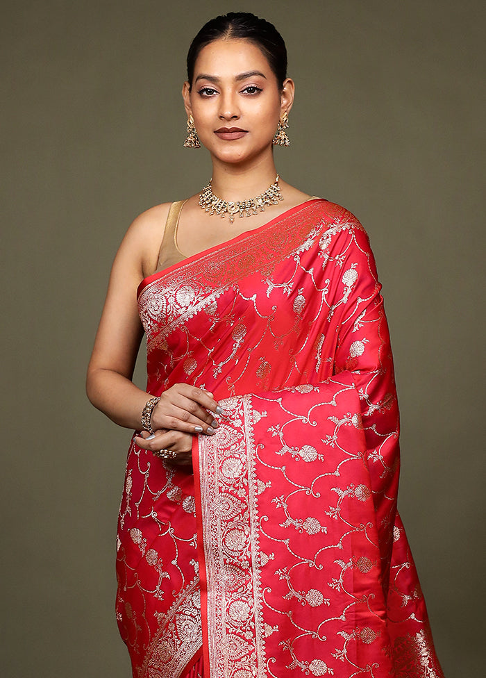 Red Banarasi Silk Saree With Blouse Piece