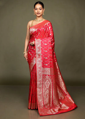 Red Banarasi Silk Saree With Blouse Piece