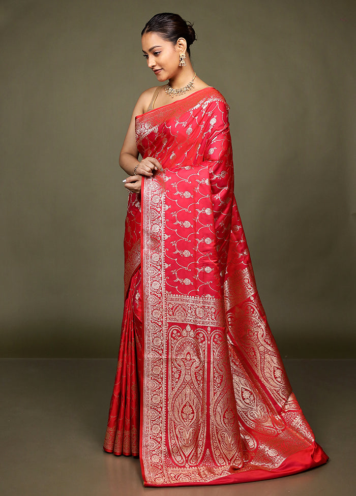 Red Banarasi Silk Saree With Blouse Piece