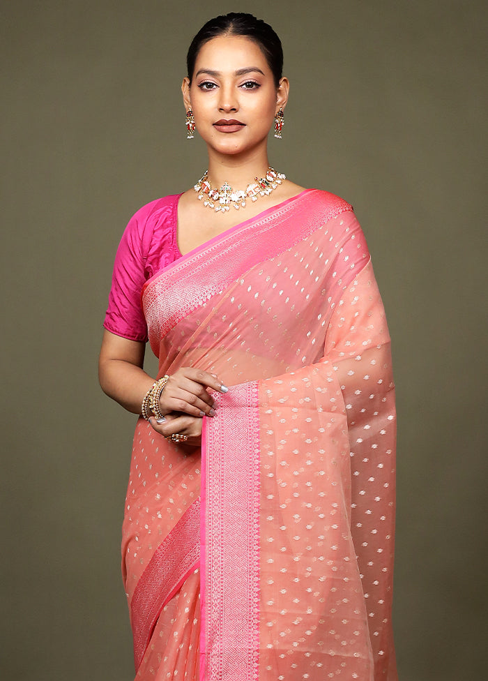 Peach Kora Silk Saree With Blouse Piece