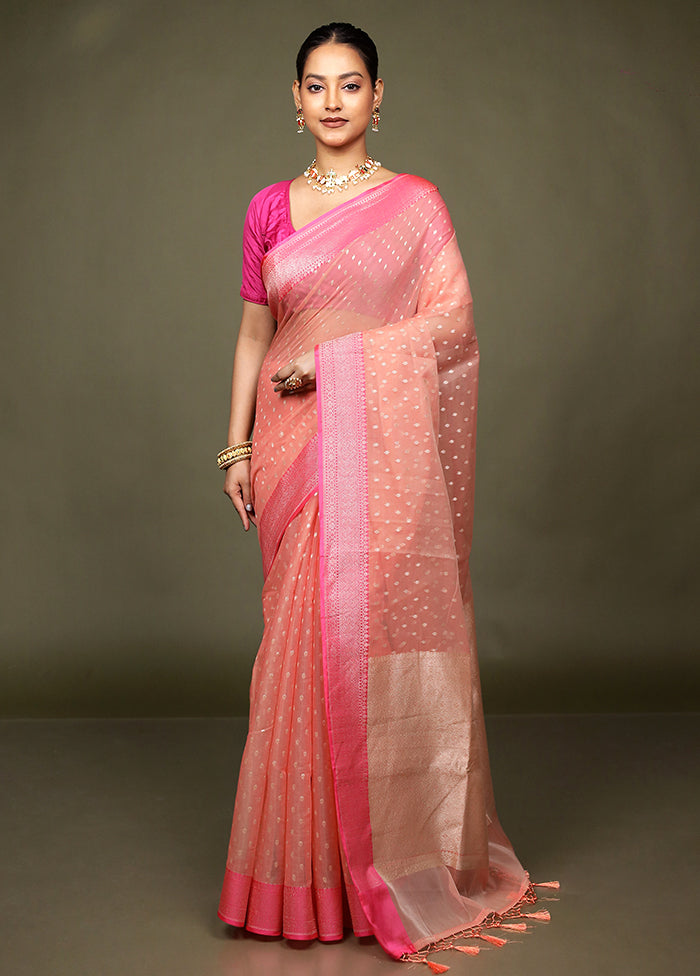 Peach Kora Silk Saree With Blouse Piece