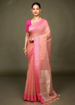 Peach Kora Silk Saree With Blouse Piece