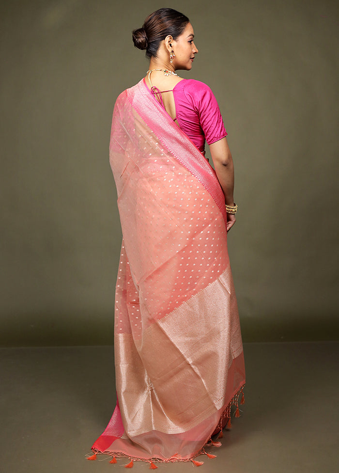 Peach Kora Silk Saree With Blouse Piece