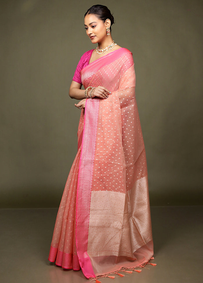 Peach Kora Silk Saree With Blouse Piece