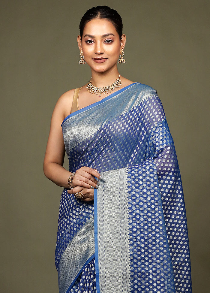 Blue Kora Silk Saree With Blouse Piece