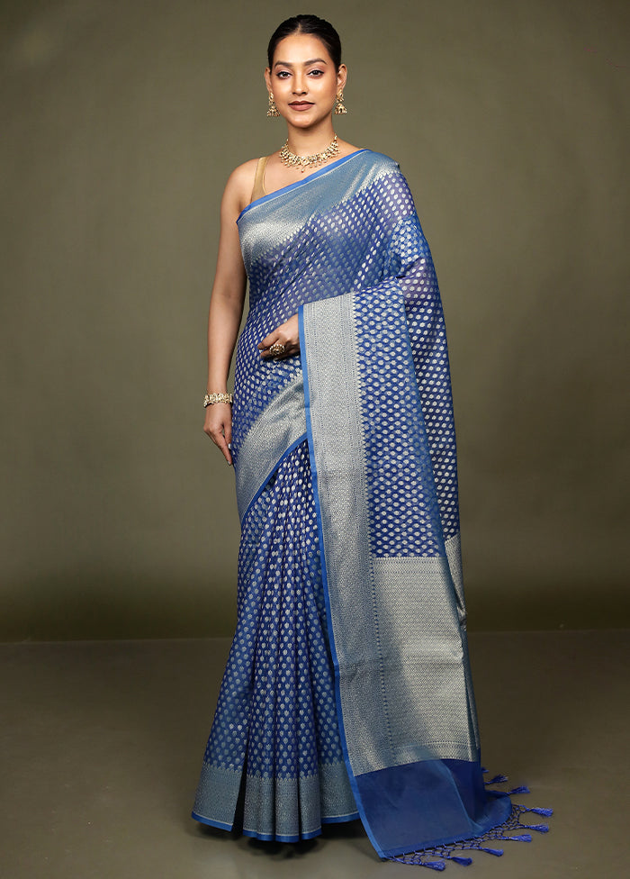 Blue Kora Silk Saree With Blouse Piece