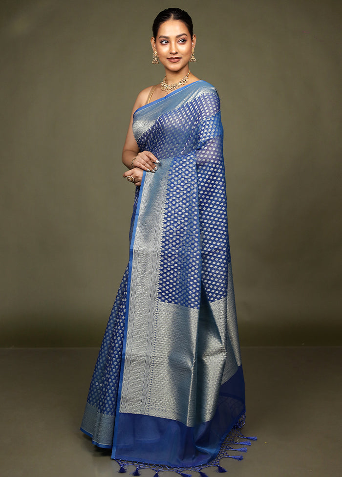 Blue Kora Silk Saree With Blouse Piece
