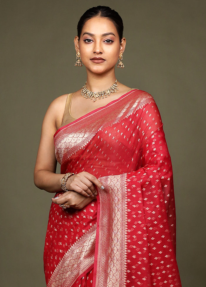 Red Kora Silk Saree With Blouse Piece