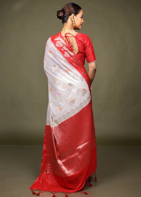 White Dupion Silk Saree With Blouse Piece