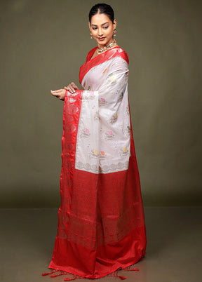 White Dupion Silk Saree With Blouse Piece