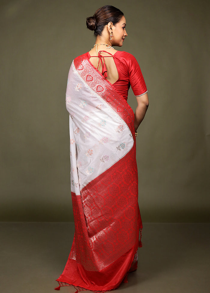 White Dupion Silk Saree With Blouse Piece
