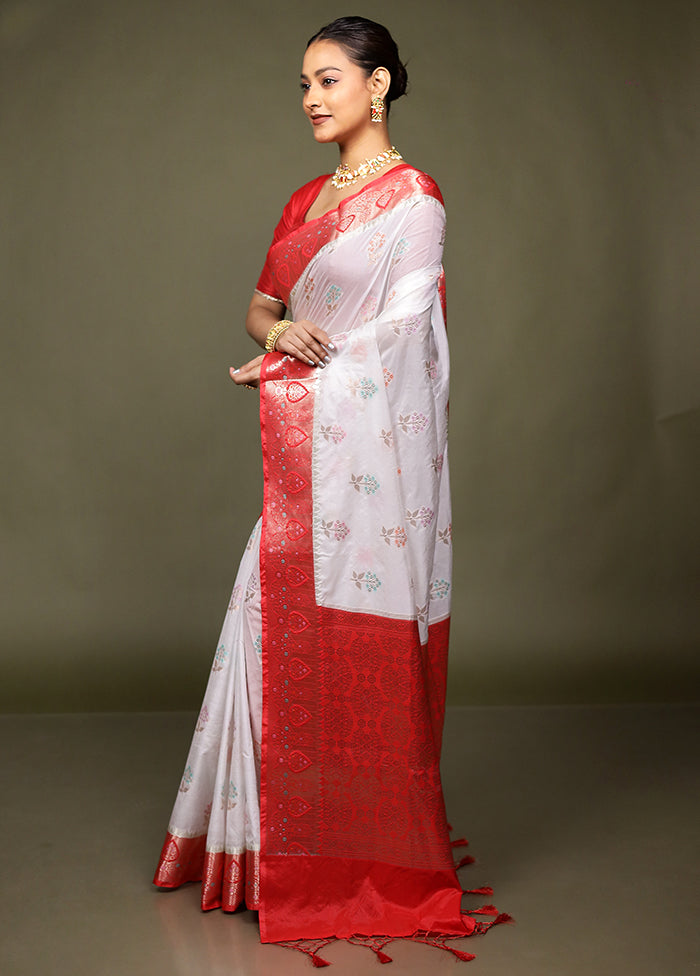 White Dupion Silk Saree With Blouse Piece