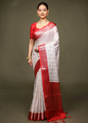 White Dupion Silk Saree With Blouse Piece