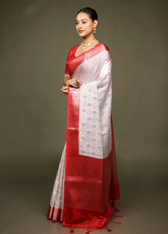 White Dupion Silk Saree With Blouse Piece
