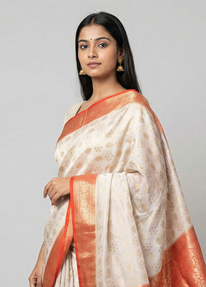 White Dupion Silk Saree With Blouse Piece