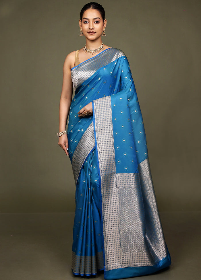 Blue Katan Silk Saree With Blouse Piece