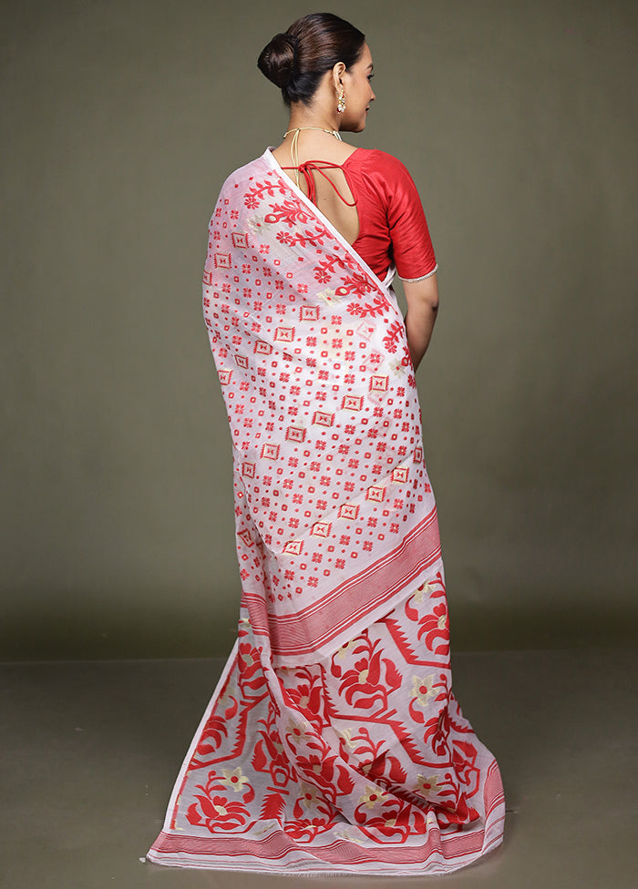 White Tant Jamdani Saree Without Blouse Piece