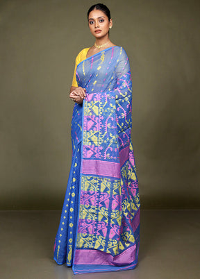 Blue Tant Jamdani Saree Without Blouse Piece