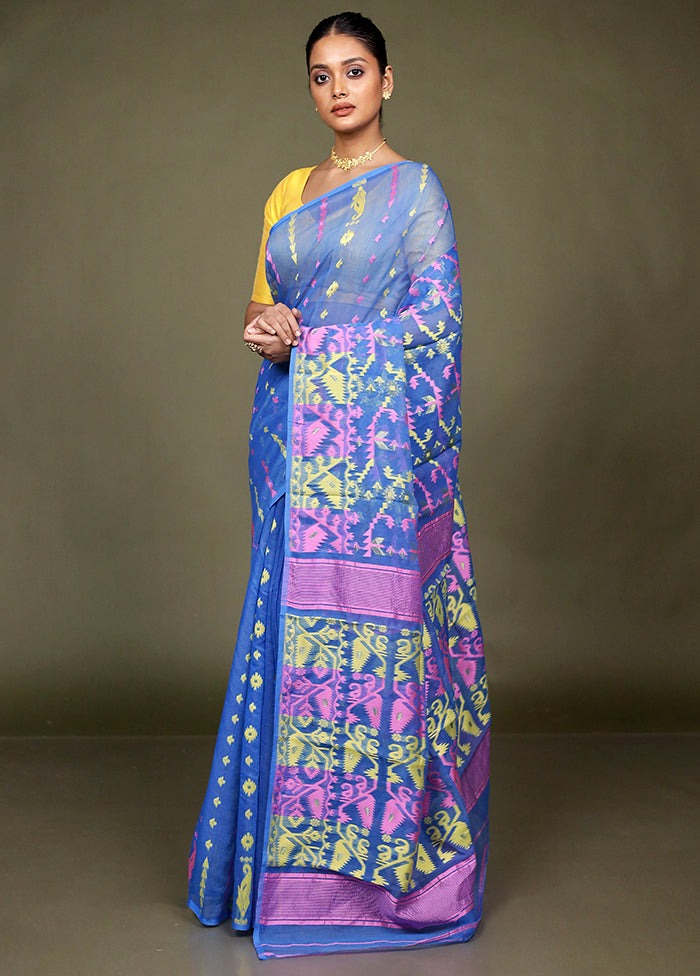 Blue Tant Jamdani Saree Without Blouse Piece
