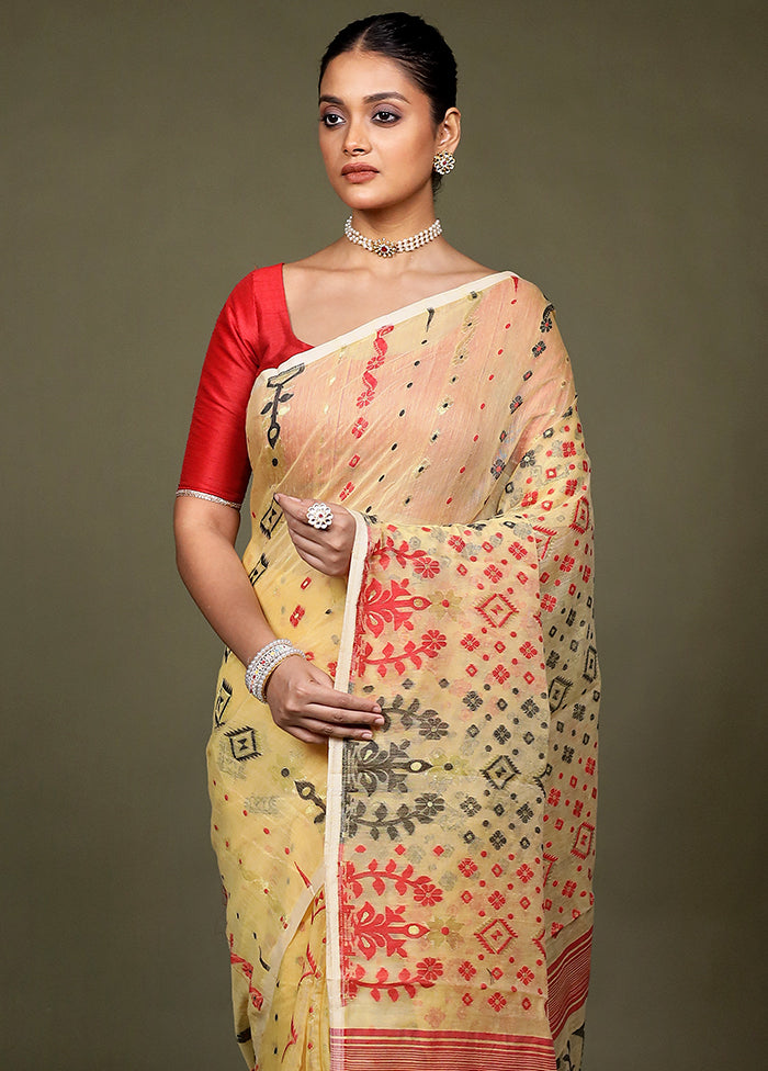 Cream Tant Jamdani Saree Without Blouse Piece